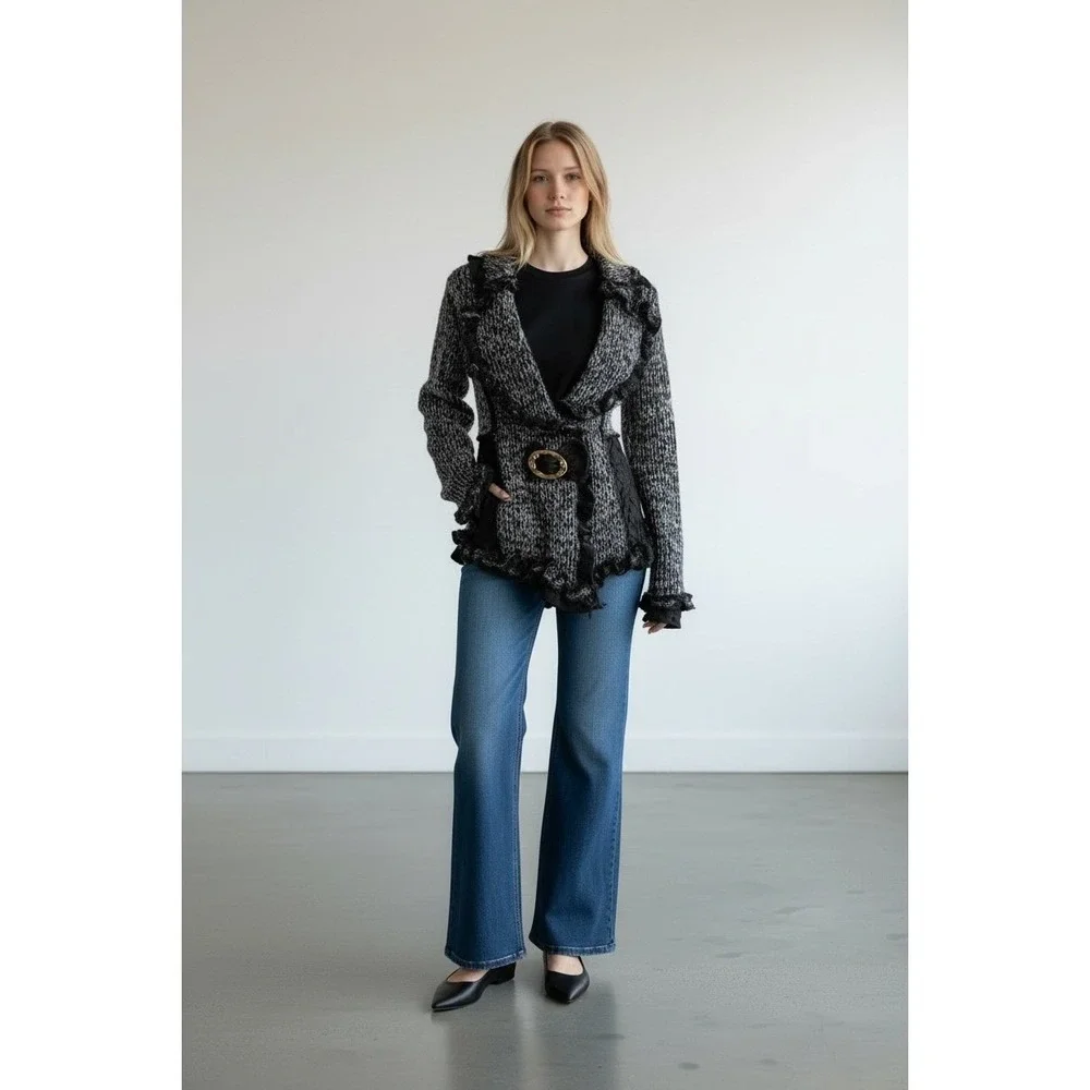 COCO & TASHI Black White Marled Ruffle Lace Cardigan Sweater‎ Women's L Office